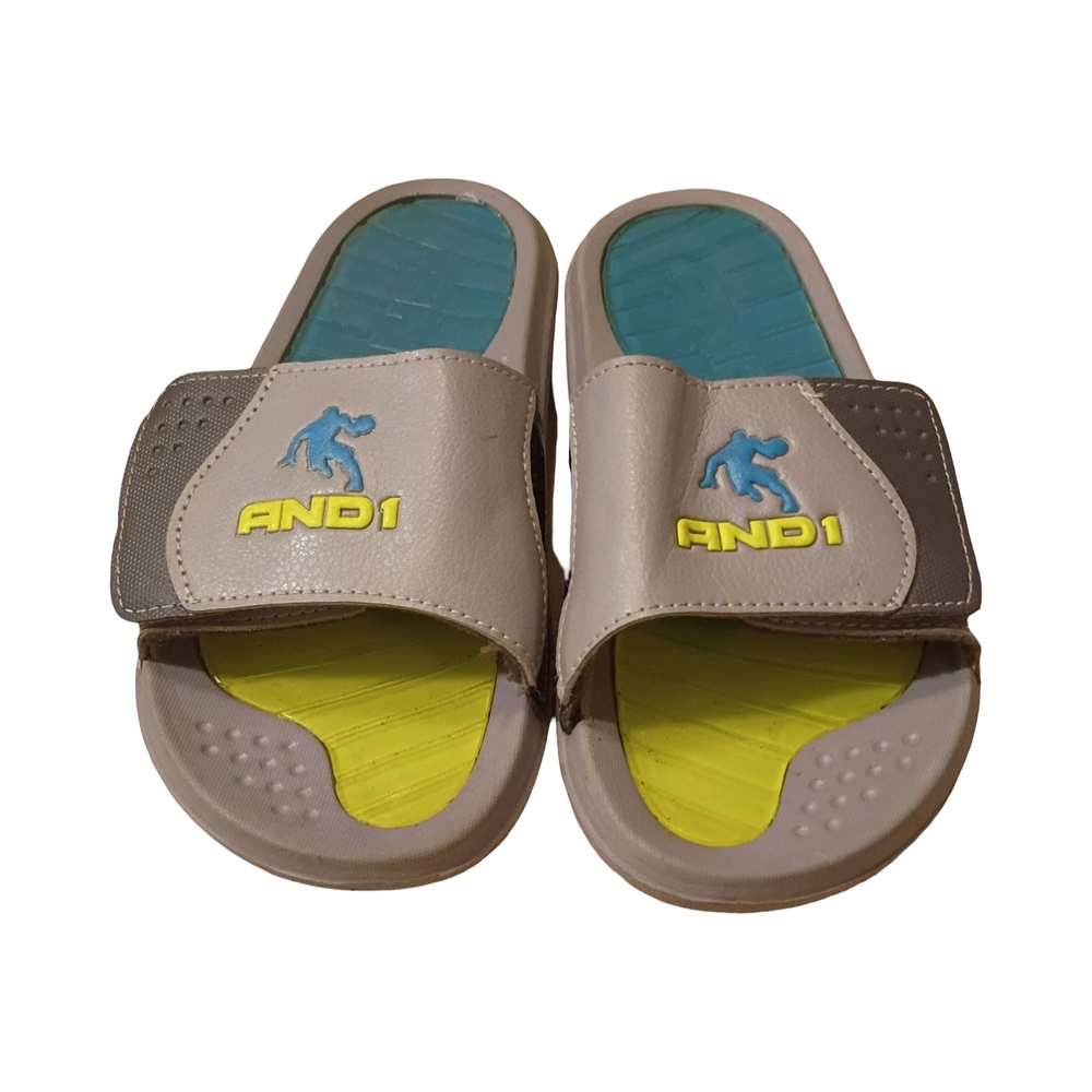AND1 Kids Slide Sandals in Beige with Blue & Yellow Accents